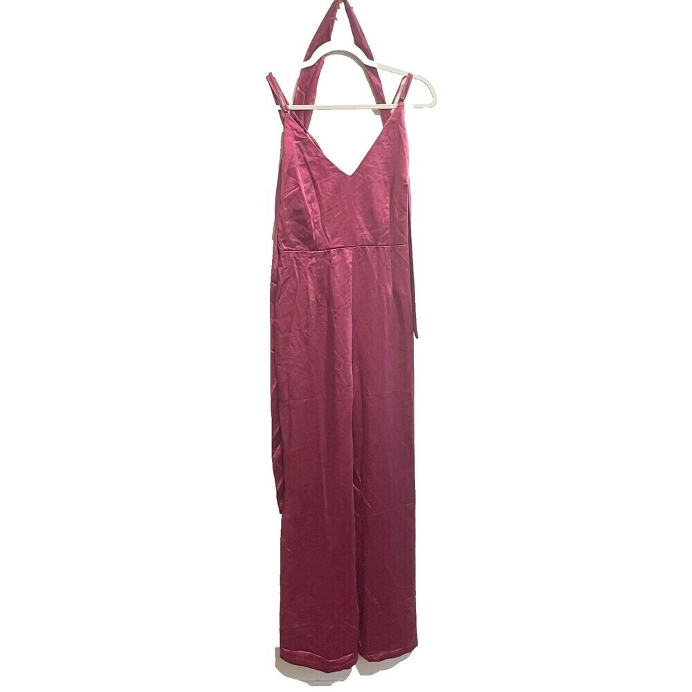 Aakaa Womens Maroon Jumpsuit M Wide Leg Satin V Neck Adjustable Strappy Zip NWT